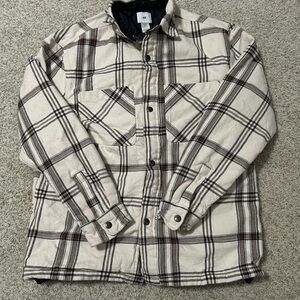 Cream and Black Lightweight Plaid Shirt Jacket